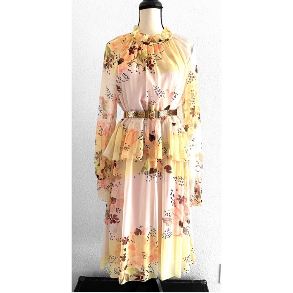 SEE BY CHLOE Tiered Floral-print Long Sleeve Georgette Yellow Dress Size 6/IT 38 - Picture 2 of 12